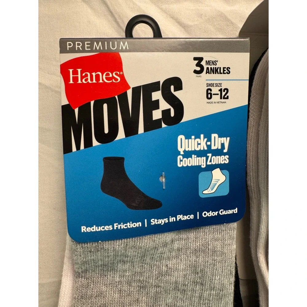 Hanes Moves Mens Ankle Socks 6 Pair Lot Quick-Dry Cooling Black White Grey 6-12